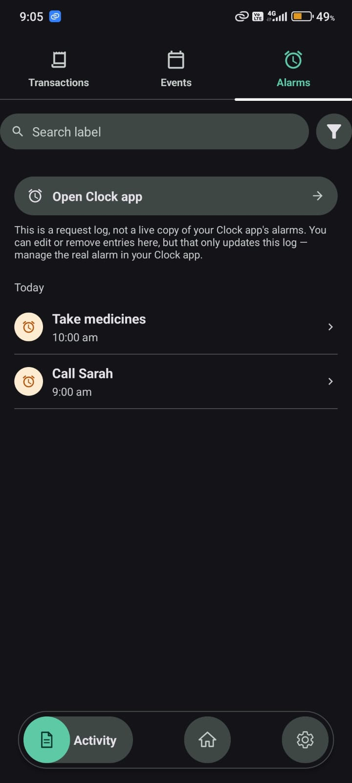 OneTap Alarms tab