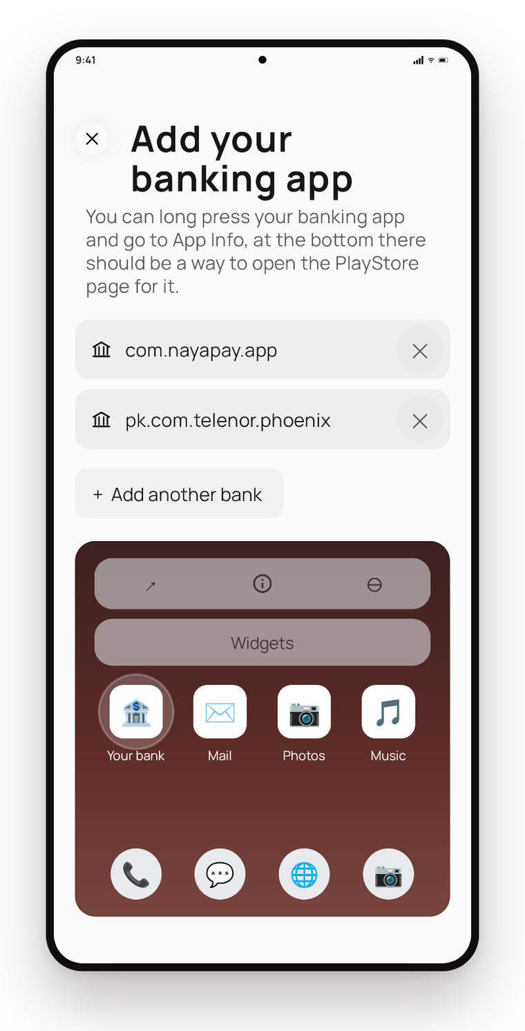 Onetap bank automation setup, listing the banking apps being watched