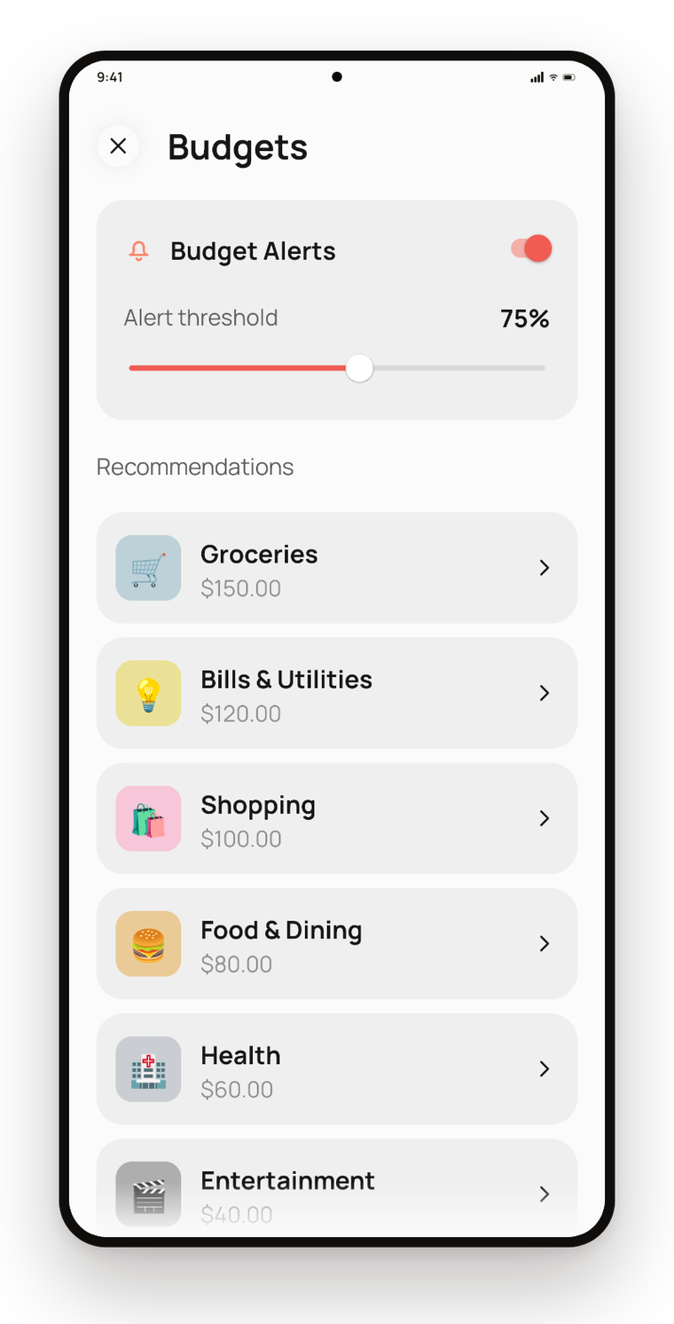 Onetap Budgets screen with a cap set per category and an alert threshold