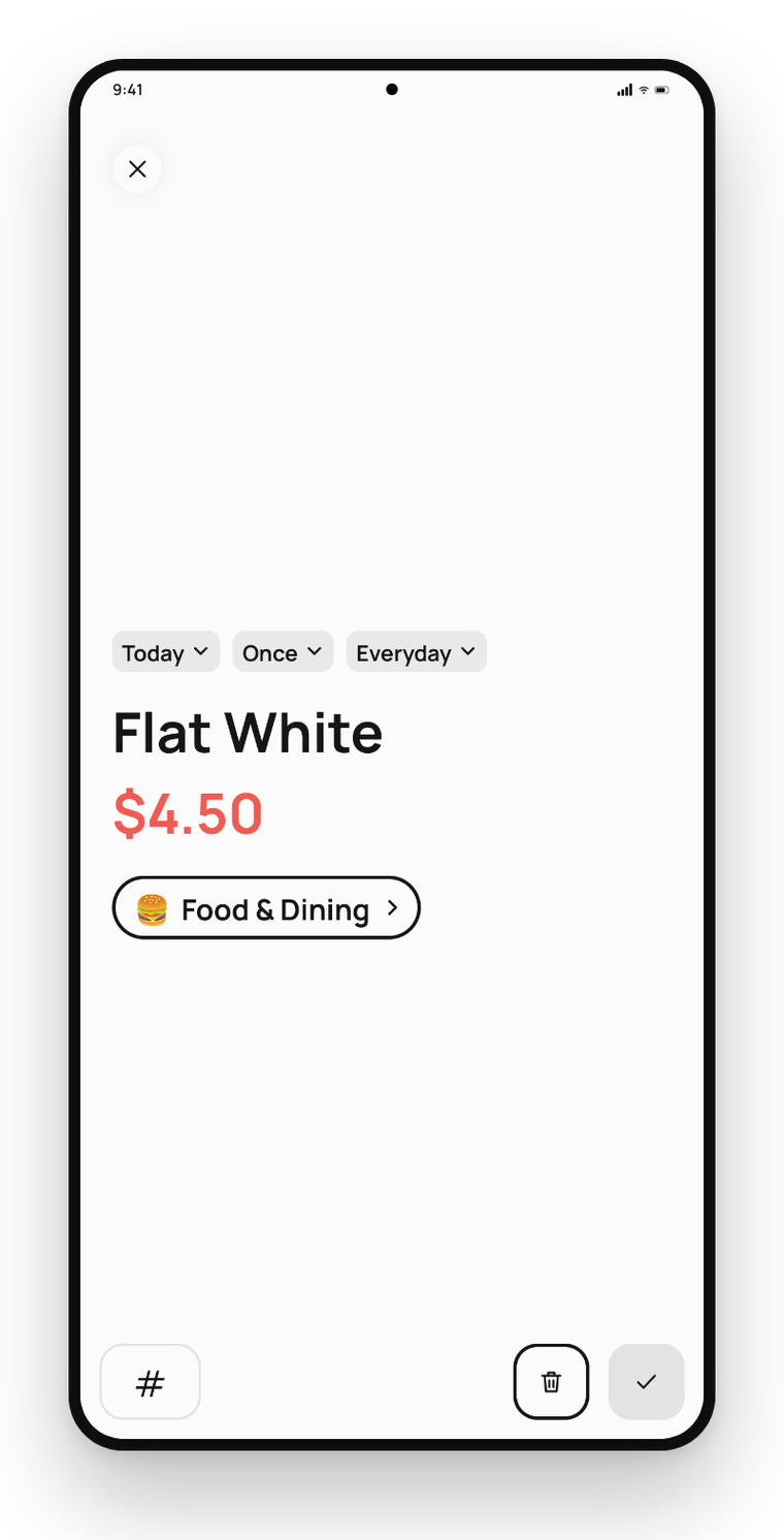 Onetap transaction editor showing an expense open for editing