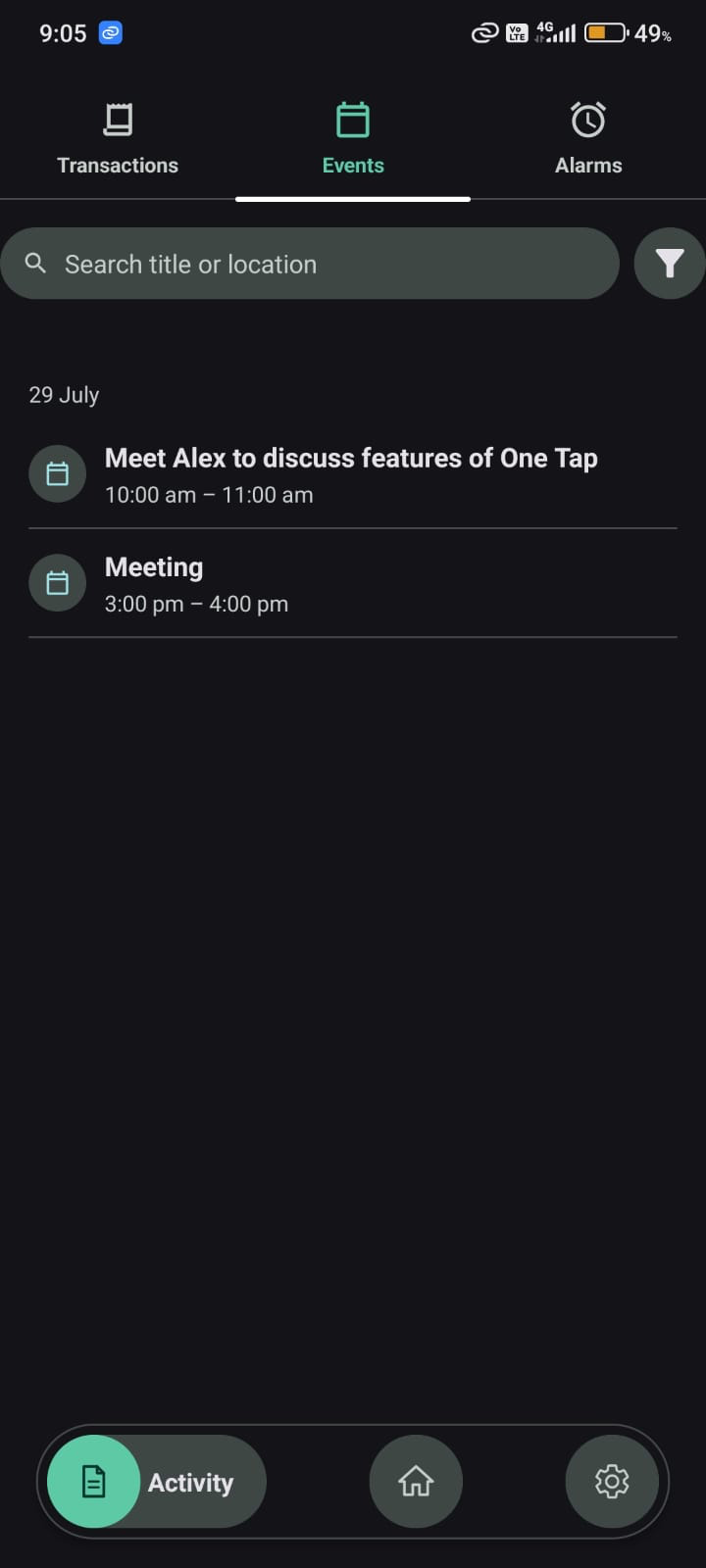 OneTap Events tab showing events created from your messages