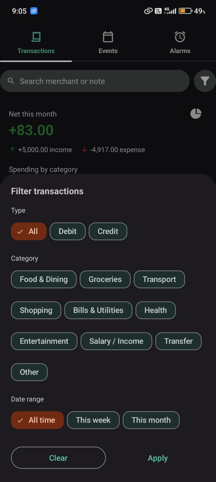 OneTap transaction filters by type, category, and date range