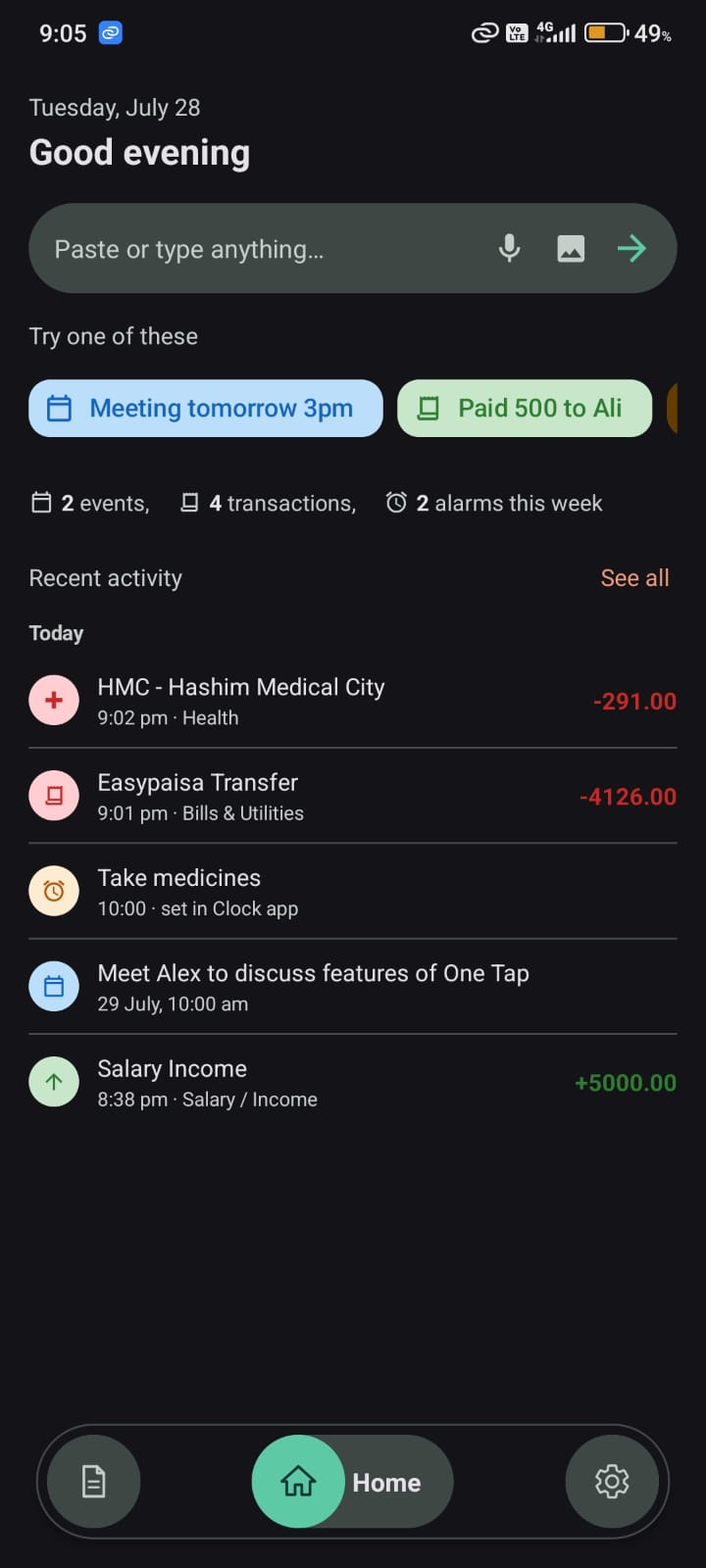 OneTap Home screen showing quick actions and recent activity