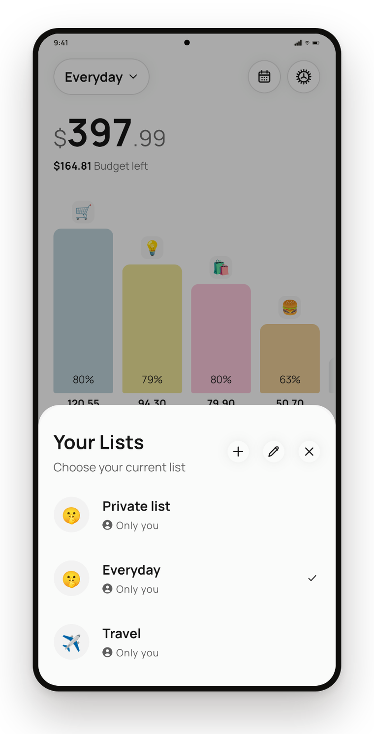Onetap list picker showing several lists to switch between