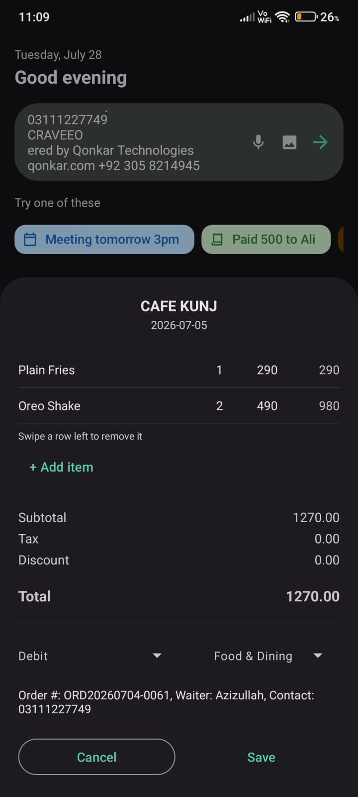 OneTap itemized receipt review card with live-recalculating totals
