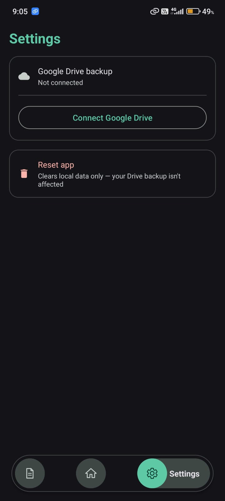 OneTap Settings screen with Google Drive backup and restore
