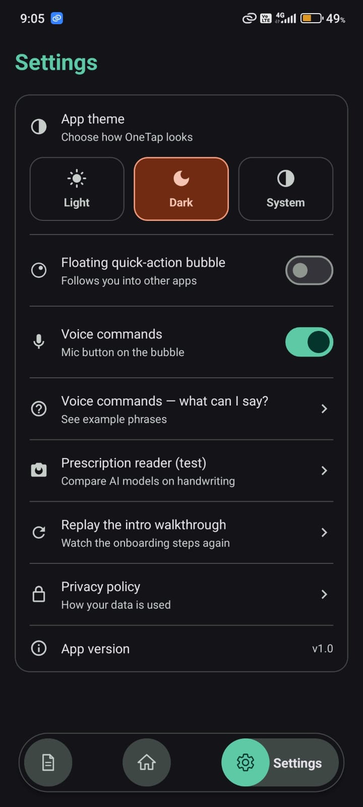 OneTap Settings screen with theme picker and feature toggles