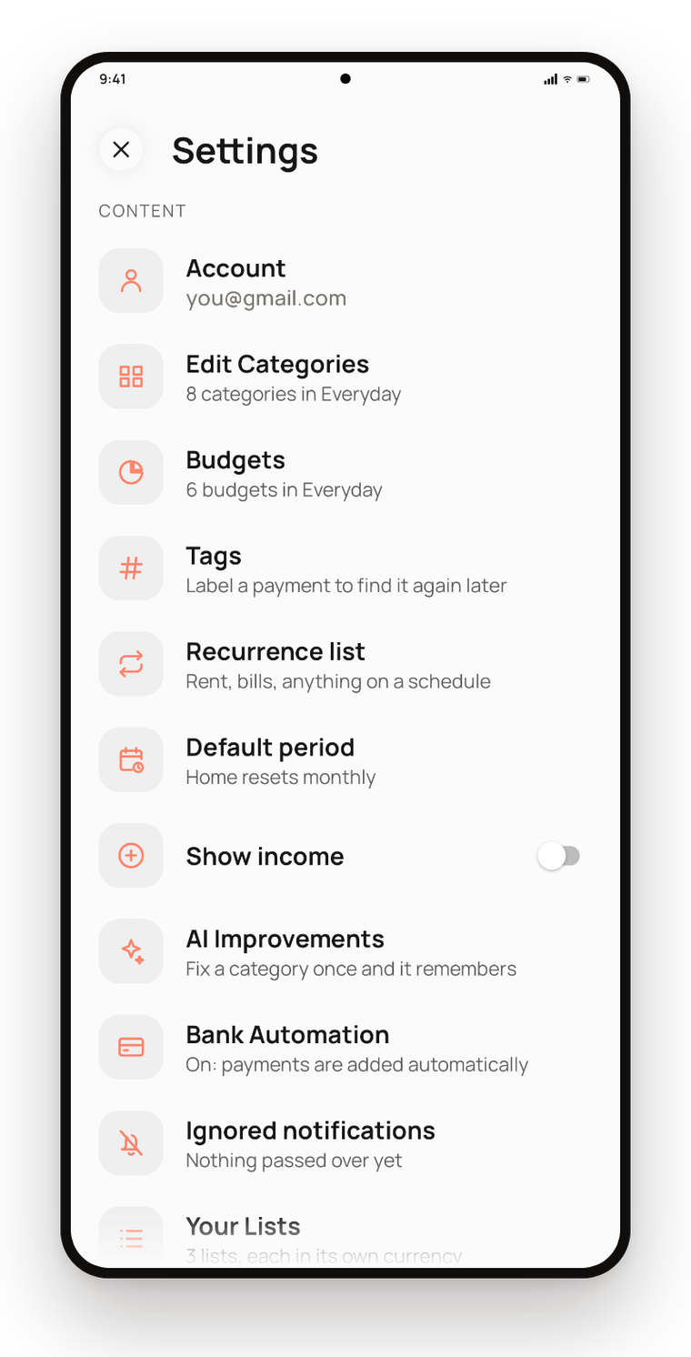 Onetap Settings with export and backup options