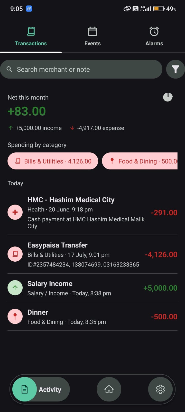 OneTap Transactions tab showing monthly net balance