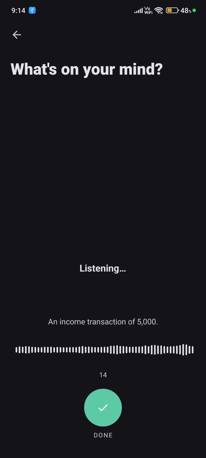OneTap real-time voice capture screen with live transcript