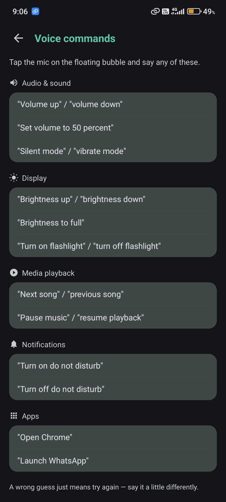 OneTap voice commands help screen
